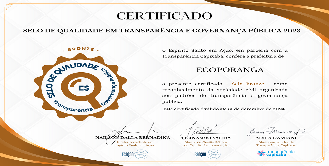 A Prefeitura Municipal de Ecoporanga recebeu hoje, 06 de dezembro de 2023, o Selo Bronze de Qualidade em Transparência e Governança Pública. 